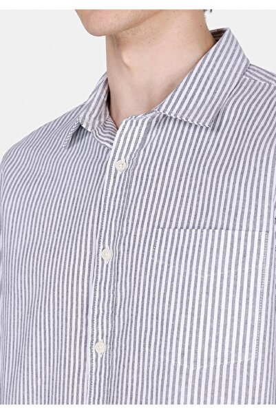 Colin's Cămașă slim cu gât cu dungi Cămașă gri pentru bărbați cu mânecă lungă