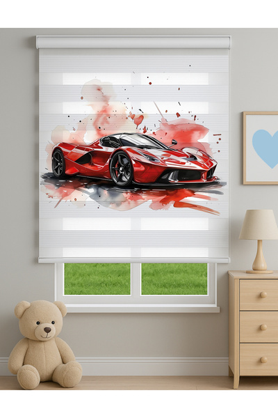 Home Spor Kırmızı Araba Desenli Dijital Baskılı Zebra Stor Perde – Erkek Çocu...