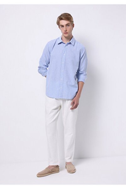 Colin's Regular Fit Shirt Neck Çizgili Cepsiz Erkek Mavi Uzun Kol Gömlek