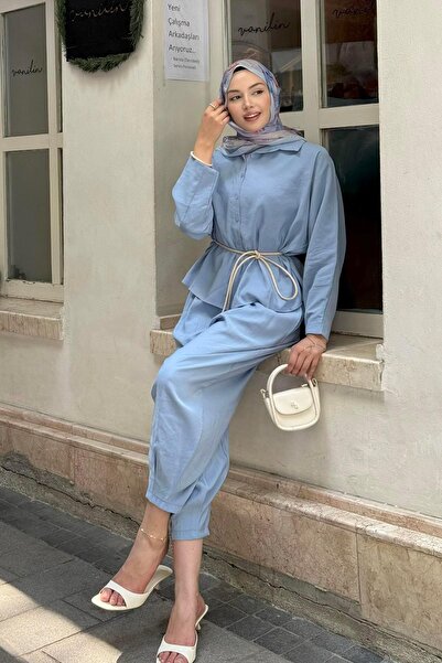 Modaensarbutik Gömlek Detaylı Tesettür Takım-MAVİ