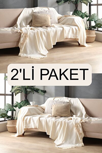 Miracolo Home Ekru Pamuklu Dekoratif Koltuk Örtüsü Set 170x230 Boyutlu Optimal Kaymaz Tasarım (2 ADET)