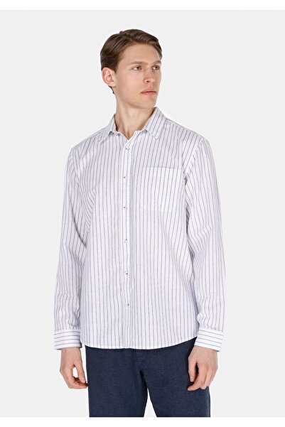Colin's Regular Fit Shirt Neck Çizgili Erkek Keten Karışımlı Lacivert Uzun Kol Gömlek