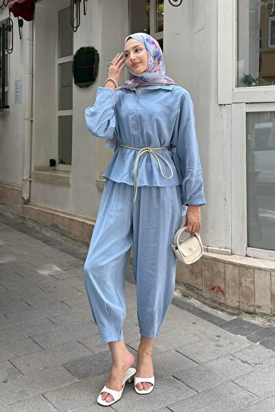 Modaensarbutik Gömlek Detaylı Tesettür Takım-MAVİ