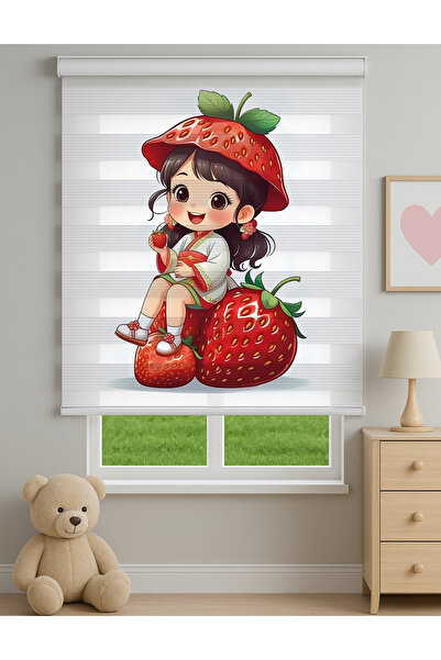 Home Çilek Şapkası Takmış Sevimli Kız Baskılı Zebra Stor Perde – Çocuk Odası ...