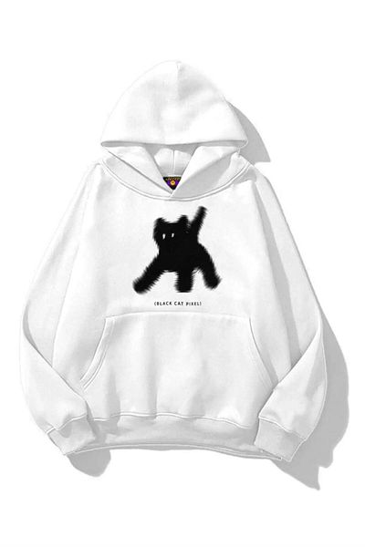 1blood Unisex Black Cat Pixel Sweatshirt White