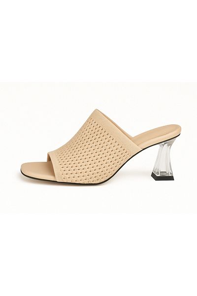 BESKAR Cream Knitwear Transparent Heeled Slippers