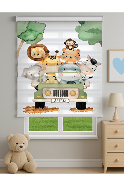 Home Safari Hayvanları ve Jeep Desenli Dijital Zebra Stor Perde – Çocuk Odası...