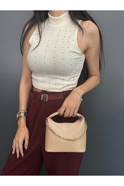 Melos Butik Γυναικεία δερμάτινη μίνι τσάντα χειρός και ώμου με λεπτομέρεια απ...