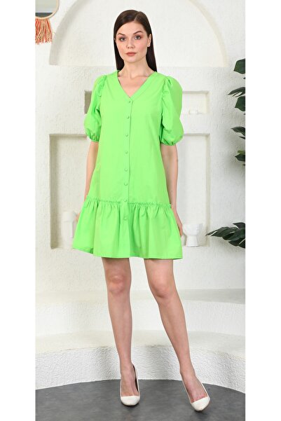 Miss Allos Rochie de damă, verde, cu nasturi, cu decolteu în V, cu mâneci bal...