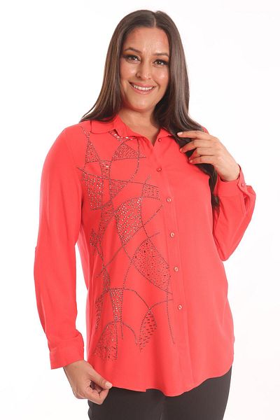 Metpoint Trend42Plus Large Size Stone Print Detailed Woven Coral Shirt