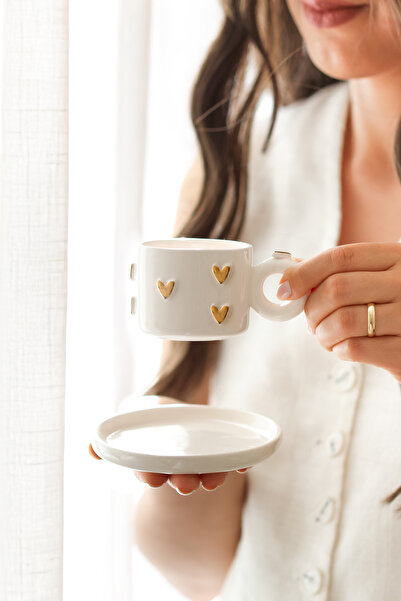 dalyaceramics 120 ml 24 K Gerçek Altın ile Dekorlanmış Kalpli Türk Kahvesi Fi...