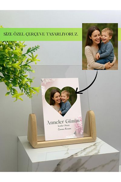 NO:ON AHŞAP Mother's Day Solid Handmade Pine Plexiglass Photo Frame (with Card)