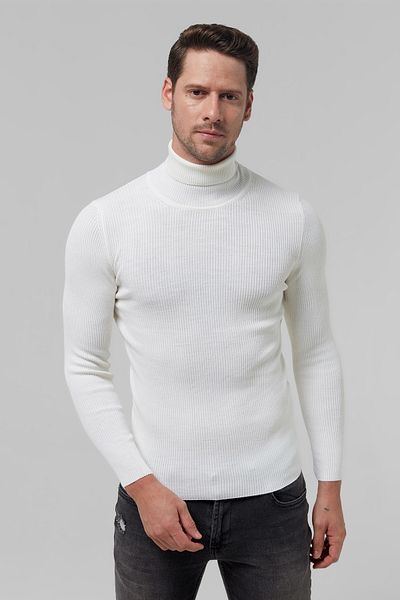 Twn Slim Fit Ecru Rib Knit Half Fisherman Wool Knitwear Sweater