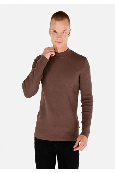 Colin's Slim Fit Stand Collar Jacquard Men's Brown Sweater