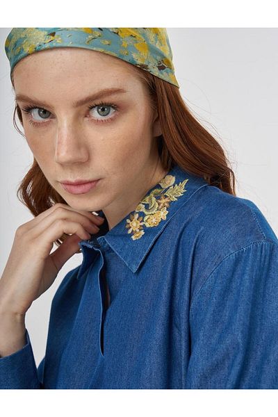 Kayra 100% Cotton Collar Embroidered Tunic Ka-B25-21134 - Indigo