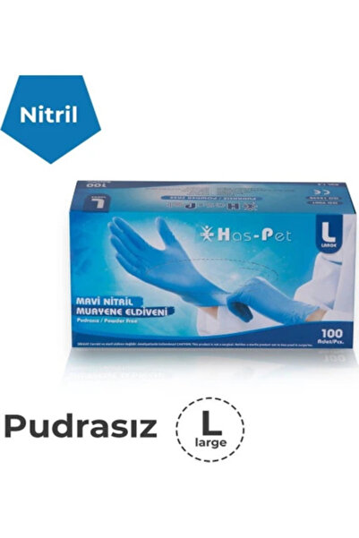 Has-Pet Cerrahi Eldiven Mavi Nitril Eldiven 100'lü Paket 5 Adet L Beden Muayene Eldiveni