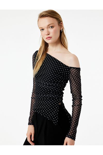 Koton Asymmetric Collar Long Sleeve Polka Dot T-Shirt