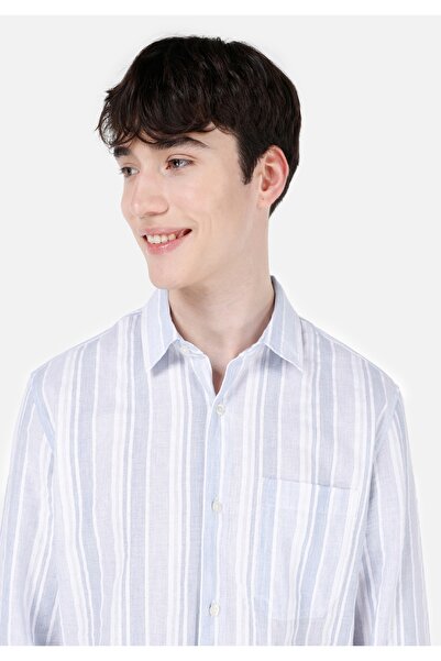Colin's Regular Fit Shirt Neck Çizgili Erkek Mavi Uzun Kol Gömlek