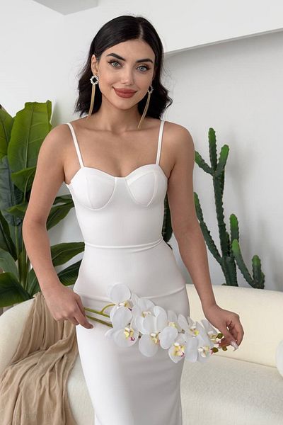 vuvutasarım White Atlas Fabric White, Flounce Midi Dress with Breast Pad Suspender Skirt