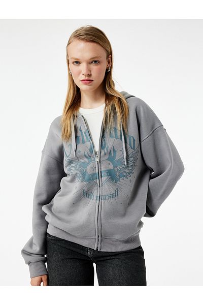 Koton Long Sleeve Hooded Hooded Zippered Printed Oversize Sweatshirt