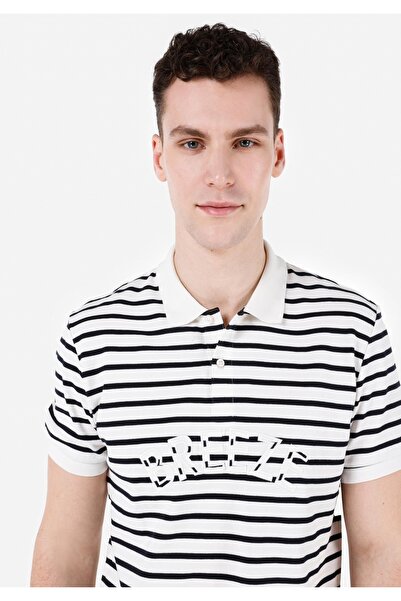 Colin's Tricou alb cu mânecă scurtă pentru bărbați, cu guler polo, cu dungi