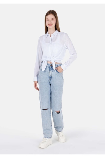 Colin's Cămașă cu mânecă lungă, albastră, cu dungi, cu gâtul obișnuit