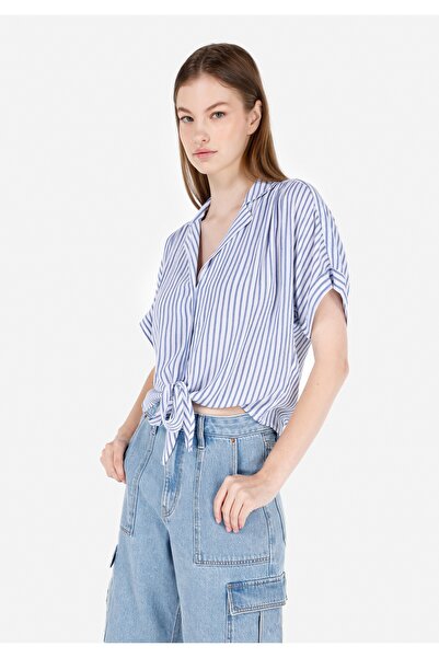 Colin's Regular Fit Shirt Neck Çizgili Kadın Mavi Kısa Kol Gömlek