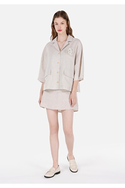 Colin's Regular Fit V Yaka Düz Kadın Bej Uzun Kol Gömlek