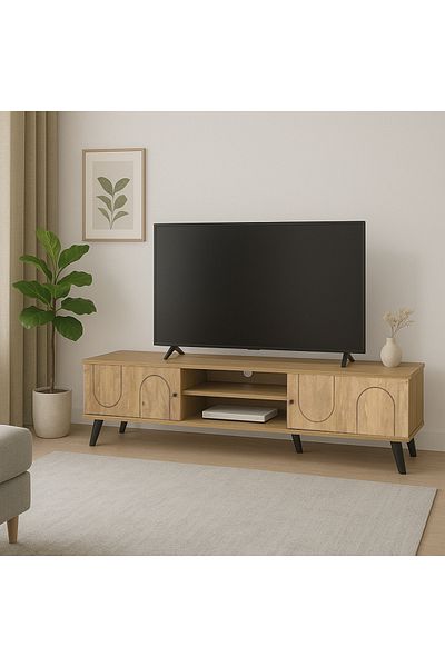 TrentonGCC 160 cm MDF Wooden TV Stand – 4 Doors, Shelves & Cable Hole – Black Legs