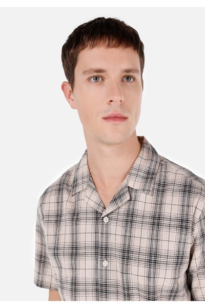 Colin's Regular Fit Shirt Neck Ekoseli Erkek Bej Kısa Kol Gömlek