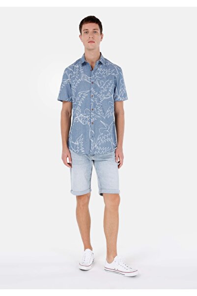 Colin's Regular Fit Shirt Neck Baskılı Erkek Mavi Kısa Kol Gömlek