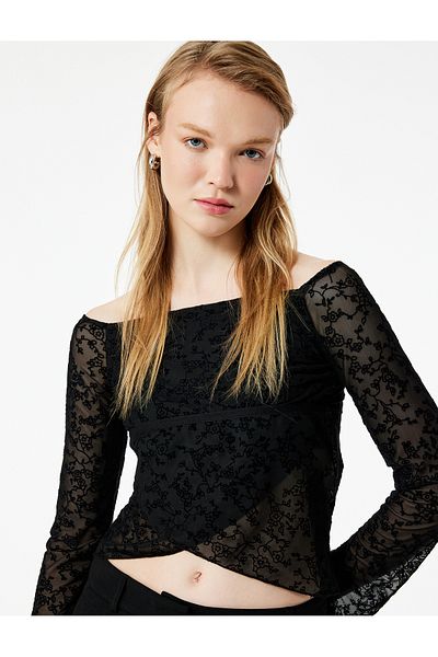 Koton Square Neck Long Sleeve Slim Fit T-Shirt with Lace Detail