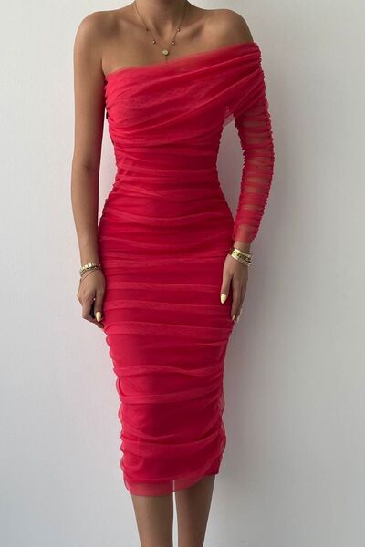 bayansepeti Red Midi Pencil Dress - Single Sleeve and Lined Tulle Detailed, Slim Fit Engagement Dress 109
