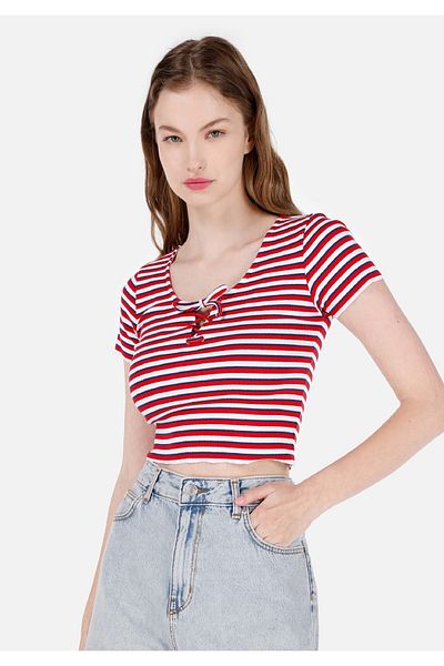Colin's Slim Fit Deep Round Neck Women's Red Short Sleeve T-Shirt