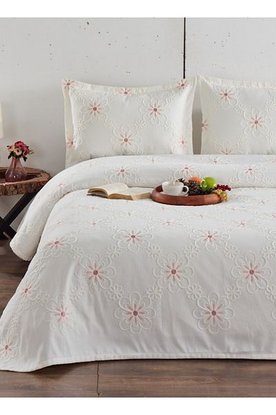 CANDAN ÇEYİZ Spring Ecru Leaf Embroidered Double Pique Coverlet 3 Piece Bedspread