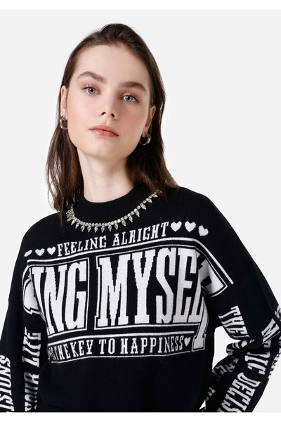 Colin's Pulover negru pentru femei cu gât rotund cu croială normală