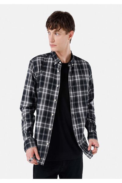 Colin's Slim Fit Shirt Neck Plaid Men's Black Long Sleeve Shirt