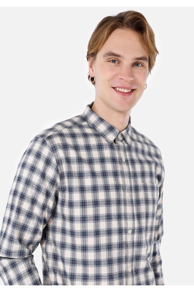 Colin's Regular Fit Shirt Neck Kareli Erkek Mavi Uzun Kol Gömlek
