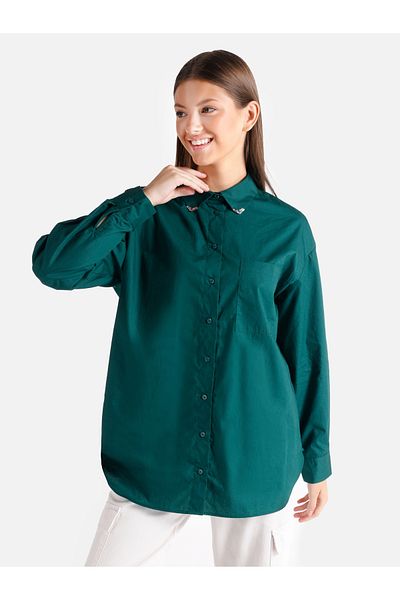 Colin's Green Women's Long Sleeve Shirt with Regular Fit Metal Collar Detail