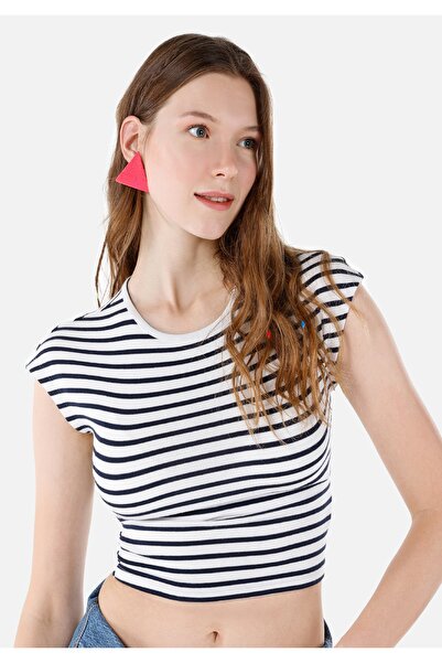 Colin's Slim Fit πλεκτό γυναικείο μπλουζάκι με στρογγυλή λαιμόκοψη, ριγέ, κοντομάνικο μπλουζάκι σε μπλε ναυτικό