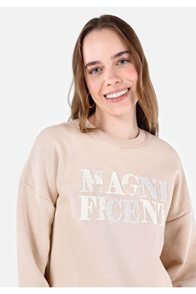 Colin's Regular Fit Yuvarlak Yaka Baskılı Kadın Bej Sweatshirt