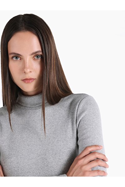 Colin's Slim Fit Balıkçı Yaka Düz Kadın Gri Uzun Kol Tişört