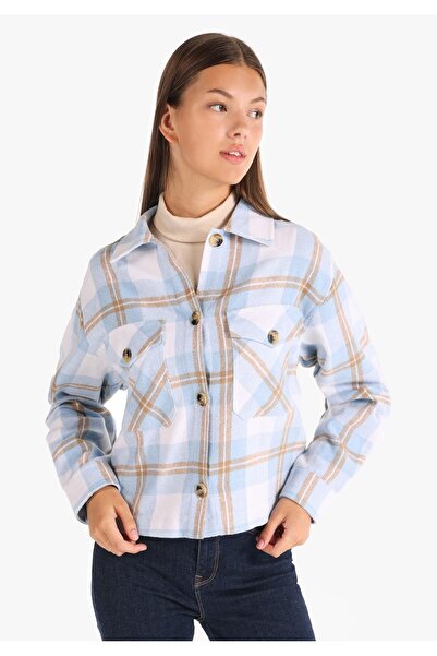 Colin's Regular Fit Shirt Neck Ekoseli Kadın Mavi Uzun Kol Gömlek