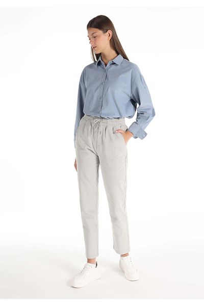 Colin's High Elastic Waist - Straight Leg Corduroy Gray Women's Trousers (Normal Cut)