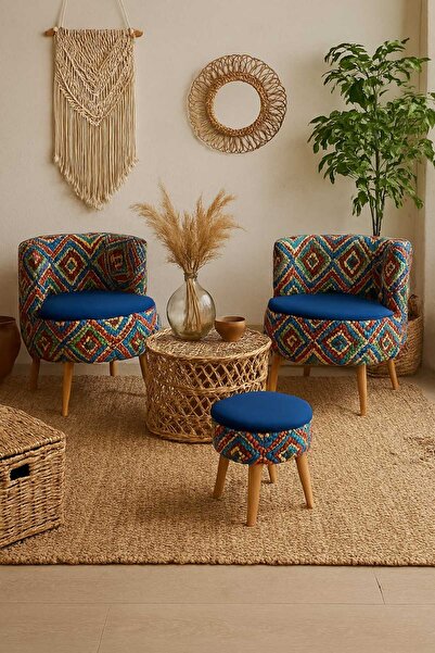 Edam Çay Seti İkili Koltuk Berjer ve Sandık Puf Takımı (Salon, Balkon, Ofis) 3'lü Takım