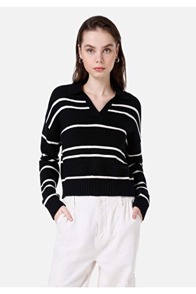 Colin's Regular Fit Polo Yaka Çizgili Kadın Siyah Kazak