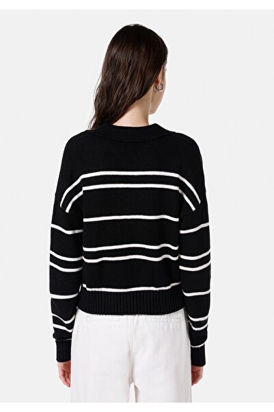 Colin's Regular Fit Polo Yaka Çizgili Kadın Siyah Kazak