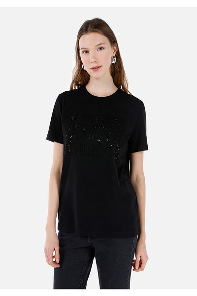 Colin's Regular Fit Crew Neck Printed Black Women's Short Sleeve T-Shirt Cl 1068433