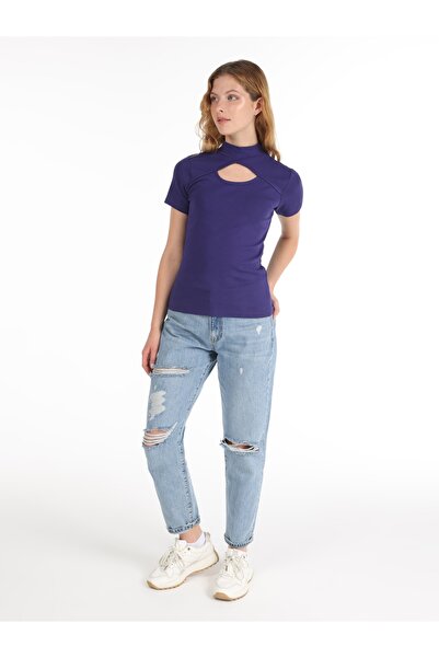 Colin's Slim Fit Yarım Balıkçı Yaka Kadın Mor Kısa Kol Tişört