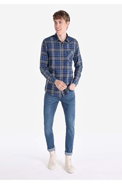 Colin's Regular Fit Shirt Neck Ekoseli Erkek Lacivert Uzun Kol Gömlek